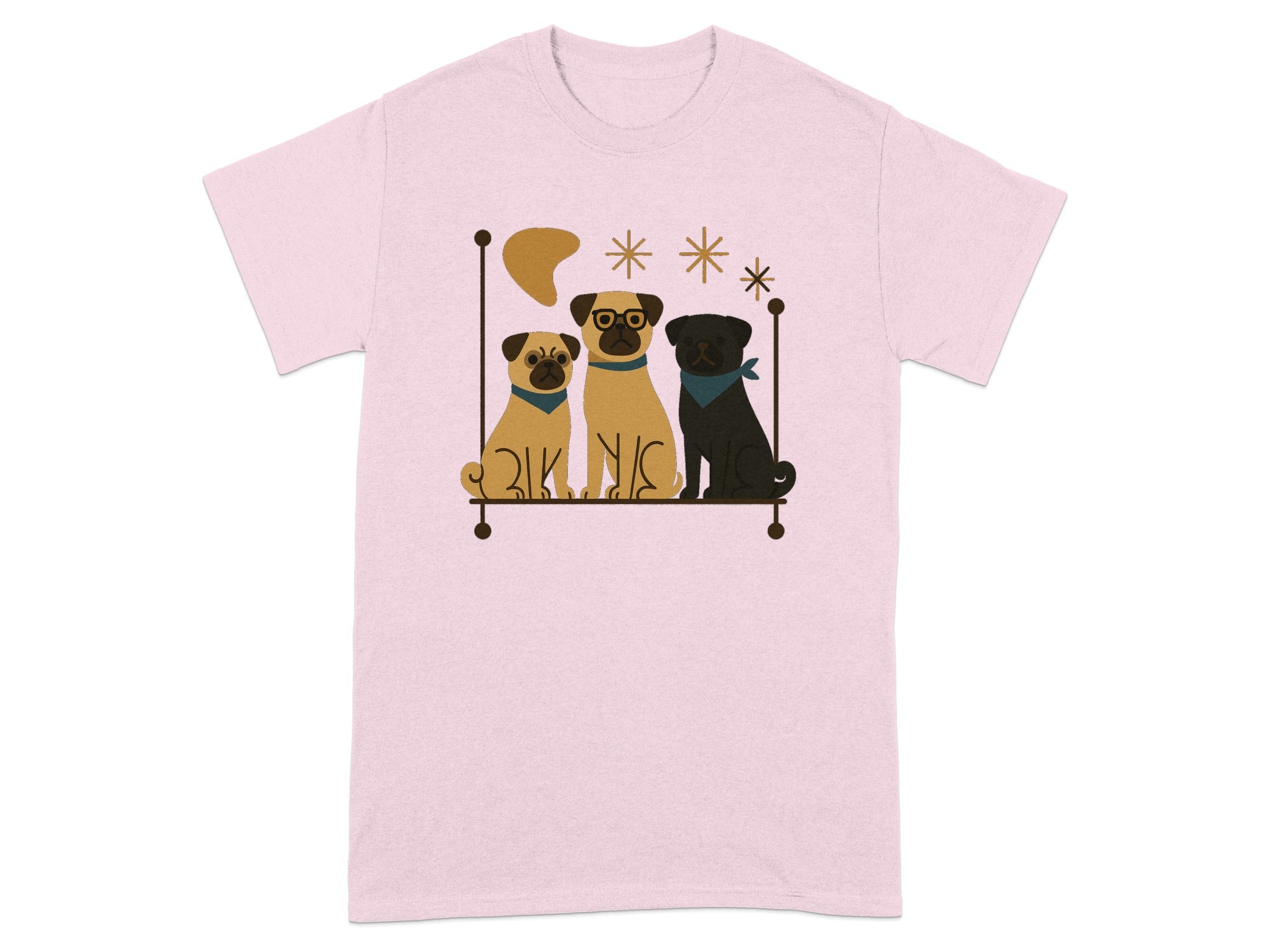 Three pugs sit on a shelf with stars and a boomerang shape above.