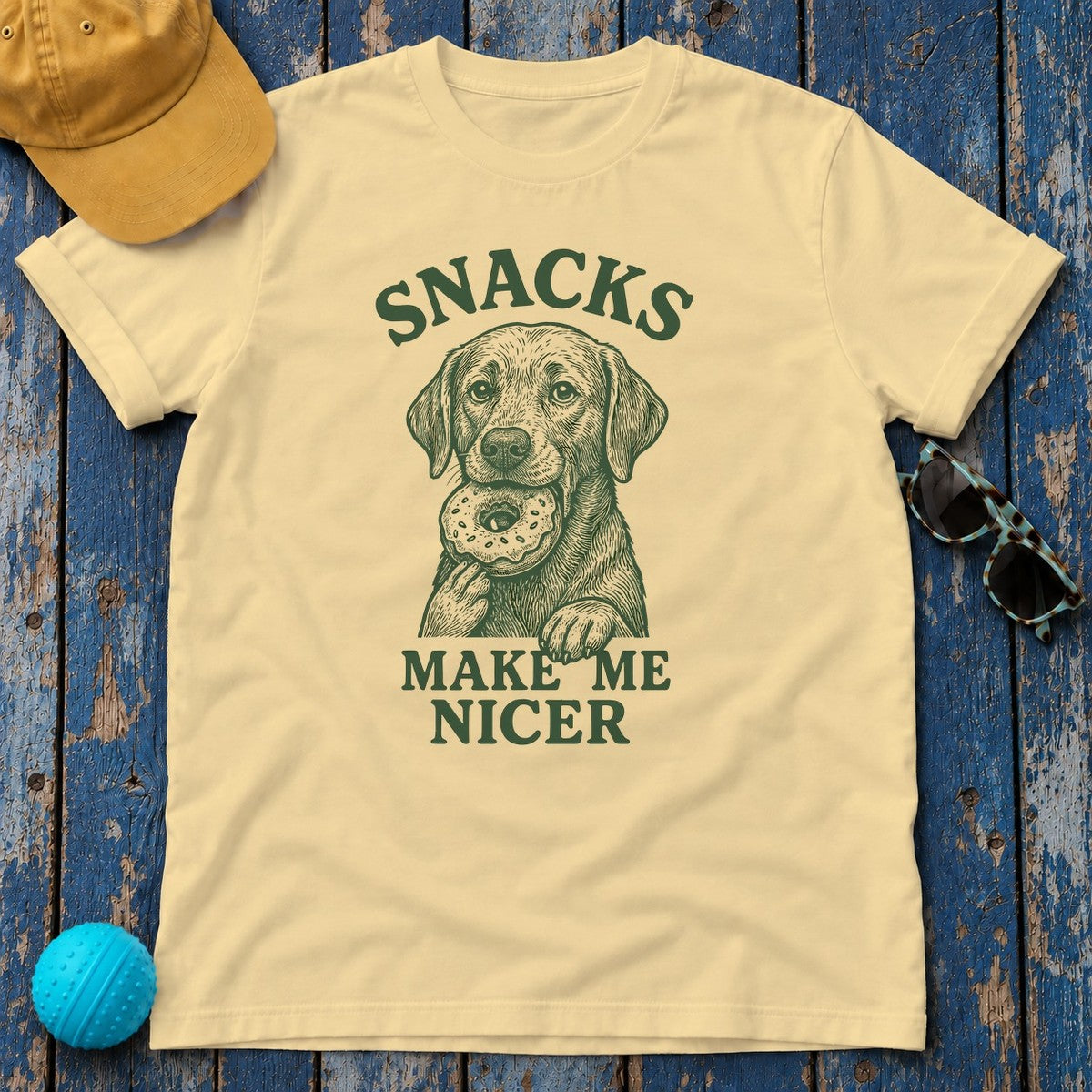Snacks Make Me Nicer Labrador With Donut Graphic Novelty T-Shirt in Yellow Haze