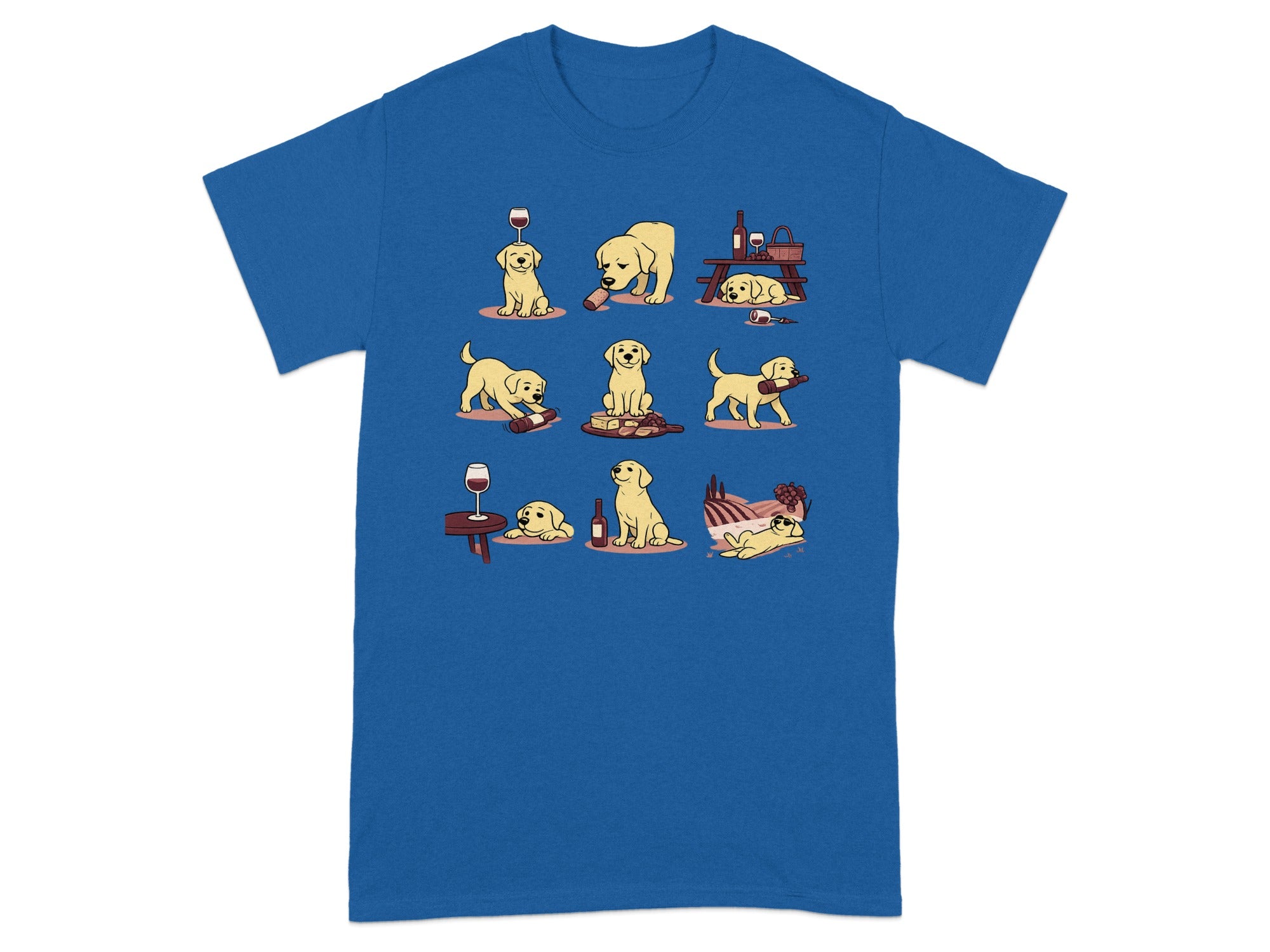 Cartoon yellow labs interacting with wine bottles and glasses in various picnic and vineyard scenes.