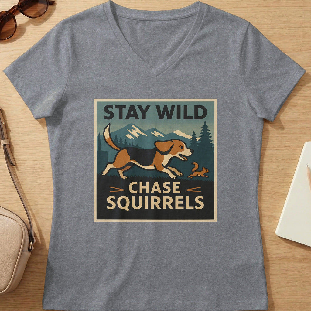 Grey t-shirt with "Stay Wild Chase Squirrels" graphic and beagle chasing a squirrel.