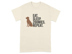 Beige t-shirt with brown dog silhouette and text EAT. SLEEP. ZOOMIES. REPEAT.