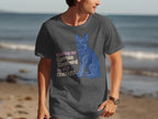 Dark gray t-shirt with blue German Shepherd graphic and text "Walking my German Shepherd is my therapy."