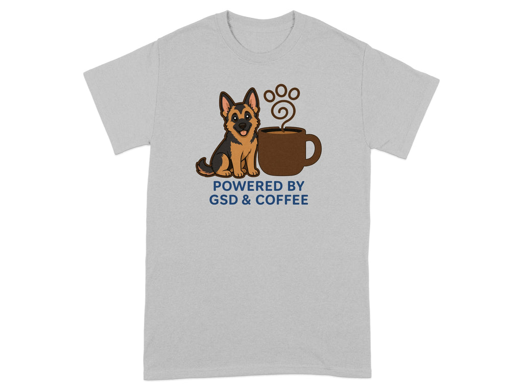 German Shepherd sitting next to a steaming coffee mug with "Powered by GSD & COFFEE" text.