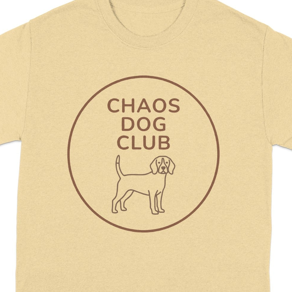 T-shirt with circle logo featuring "Chaos Dog Club" text and a beagle.
