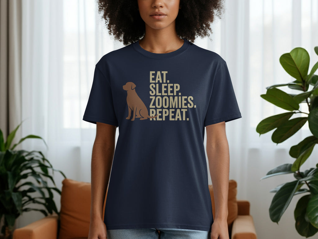 Navy t-shirt with dog silhouette and text "EAT. SLEEP. ZOOMIES. REPEAT."