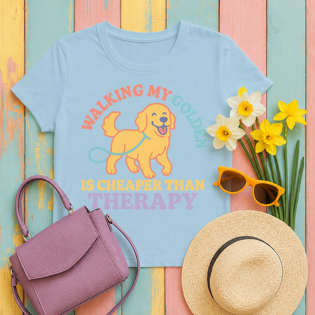 Cheaper Than Therapy Golden Retriever T-Shirt in Light Blue