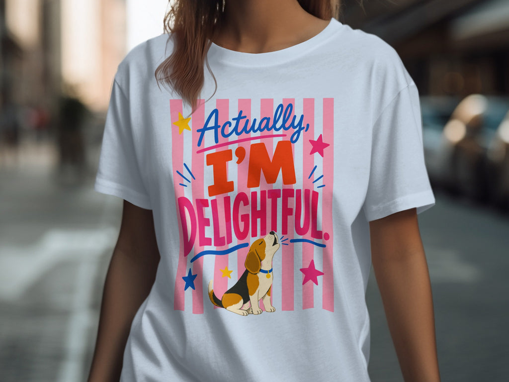 White t-shirt with pink stripes and "Actually, I'M DELIGHTFUL" text with a beagle.