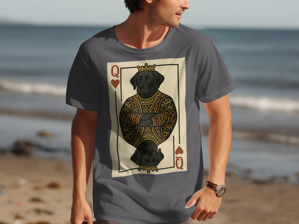 Black Labrador Queen playing card graphic on a gray t-shirt.