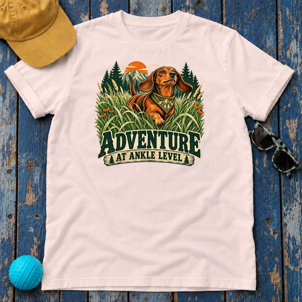 Adventure at Ankle Level Dachshund T-Shirt in Soft Pink - flat lay