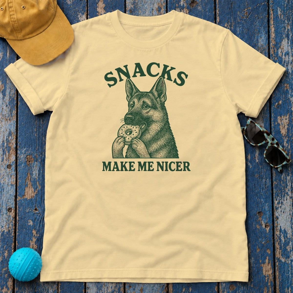 Snacks Make Me Nicer Funny German Shepherd With Donut Cute T-Shirt in Yellow Haze