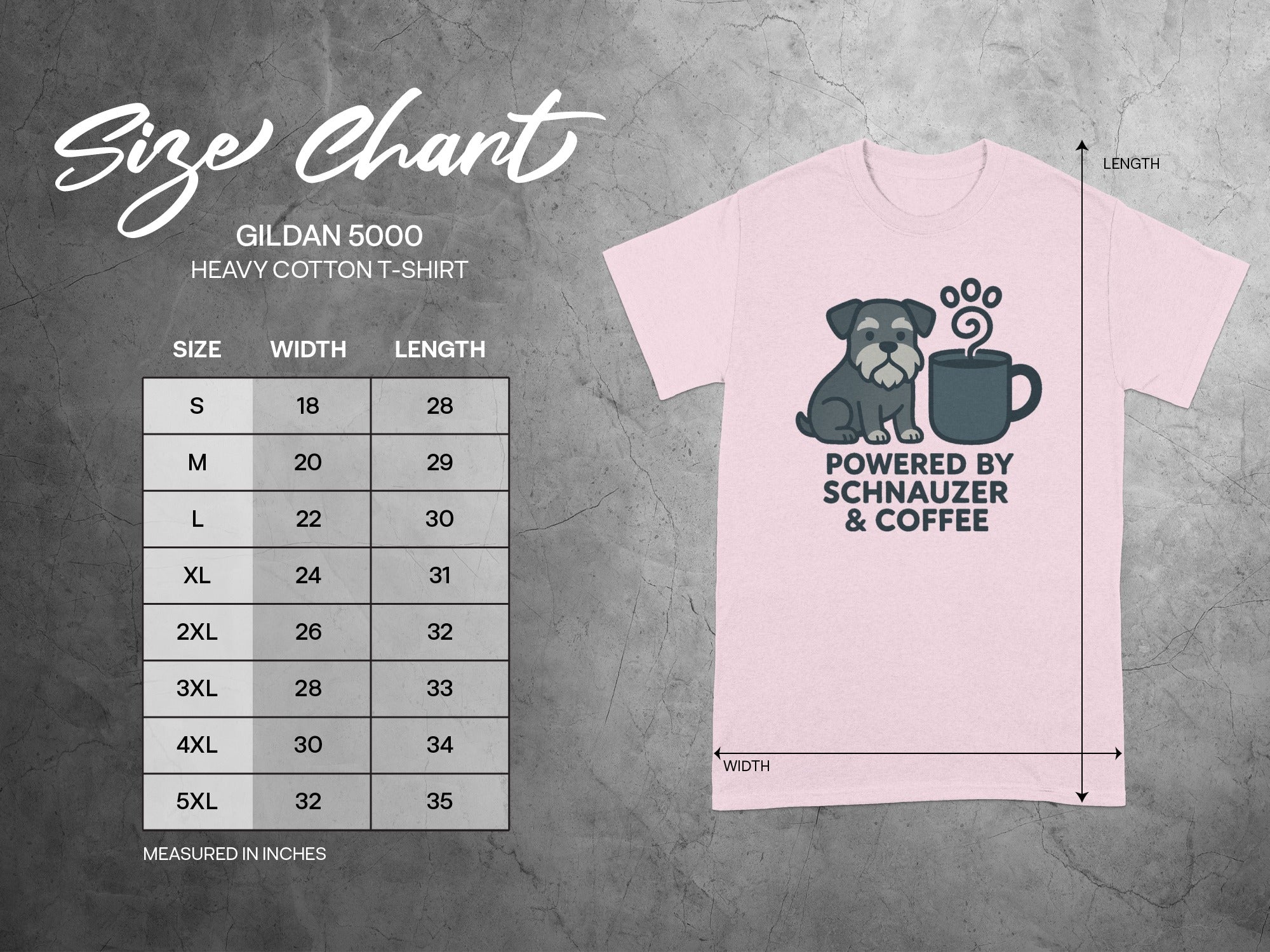 Size chart for Gildan 5000 heavy cotton t-shirt with a schnauzer design.