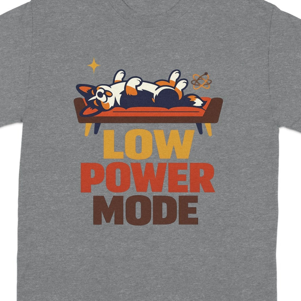 Corgi dog relaxing on couch with "Low Power Mode" text.