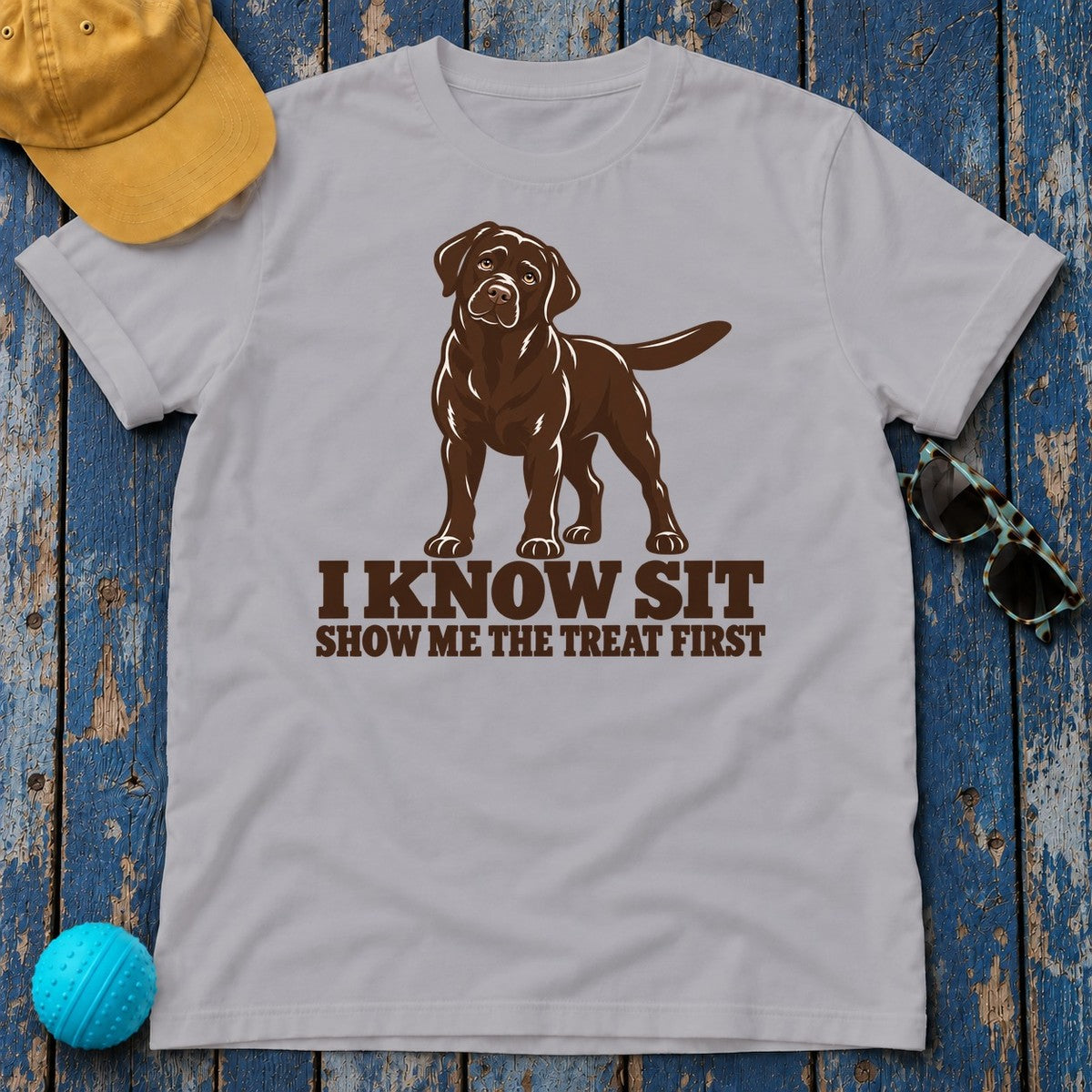 I Know Sit Show Me The Treat First Chocolate Lab T-Shirt in Athletic Heather