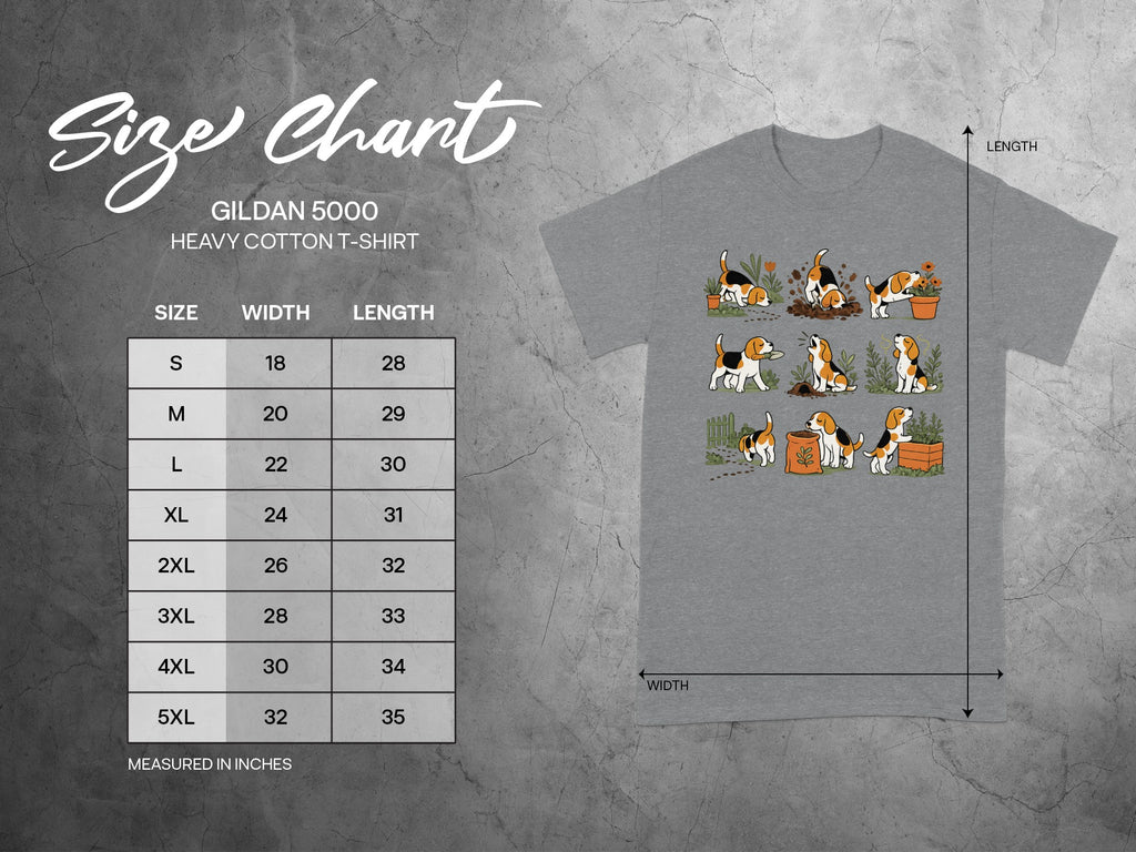 Gildan 5000 Heavy Cotton T-Shirt size chart with width and length in inches.