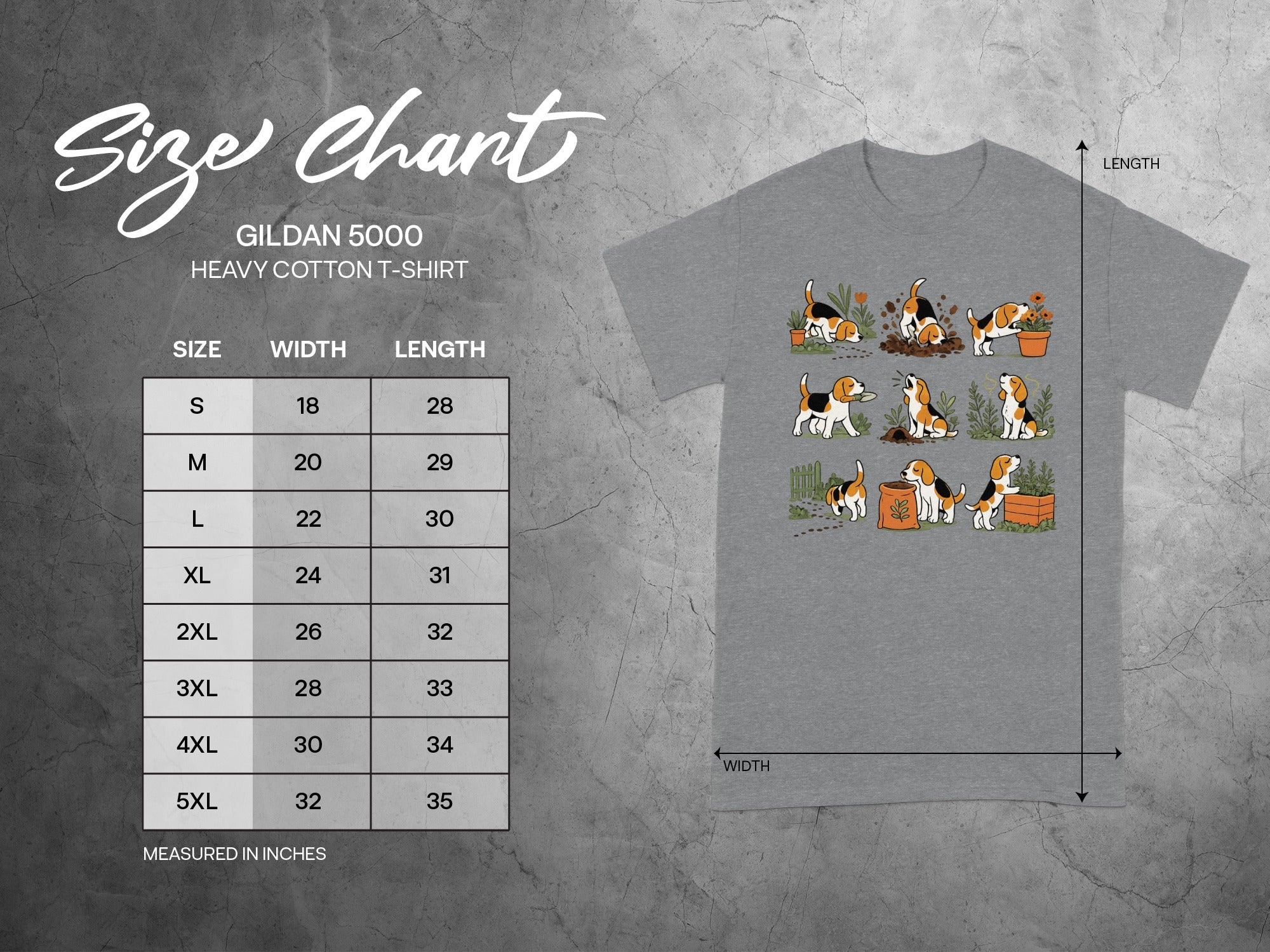 Gildan 5000 Heavy Cotton T-Shirt size chart with width and length in inches.