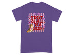 Purple t-shirt with a corgi and text "First of all 'ma delight".