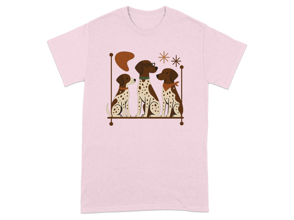 Three spotted dogs sit on a shelf with stylized decorations above.