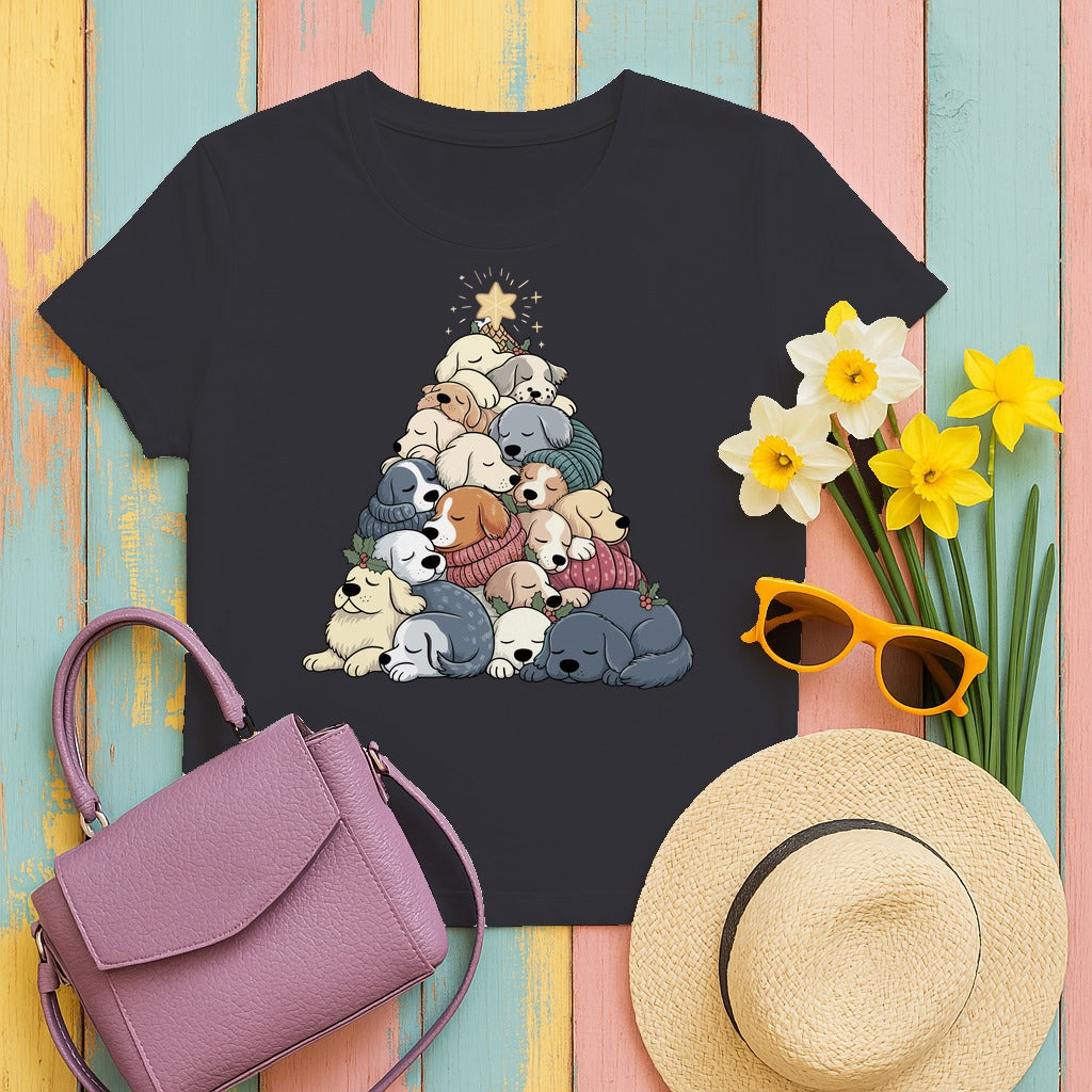 Sleeping Dogs Stacked Christmas Tree Funny Holiday T-Shirt in Dark Grey