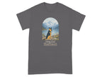 German Shepherd gazes at mountains reflected in lake; "Paws And Reflect" text.