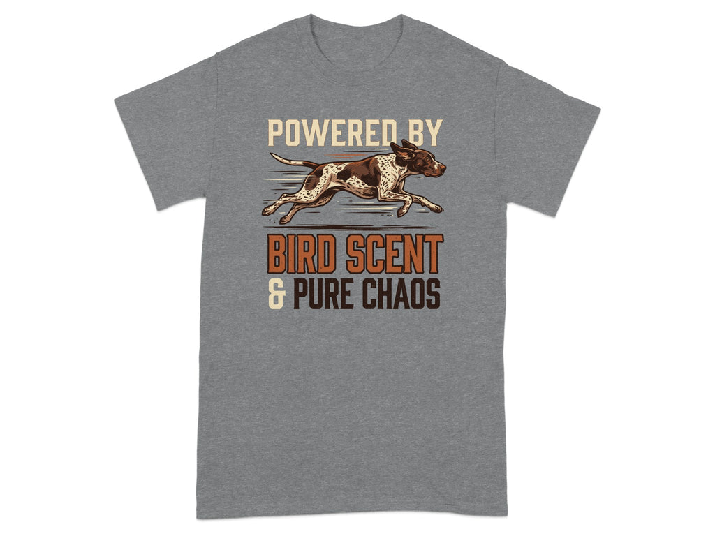 Gray t-shirt with a dog illustration and "Powered by Bird Scent & Pure Chaos" text.
