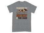 Gray t-shirt with a dog illustration and "Powered by Bird Scent & Pure Chaos" text.