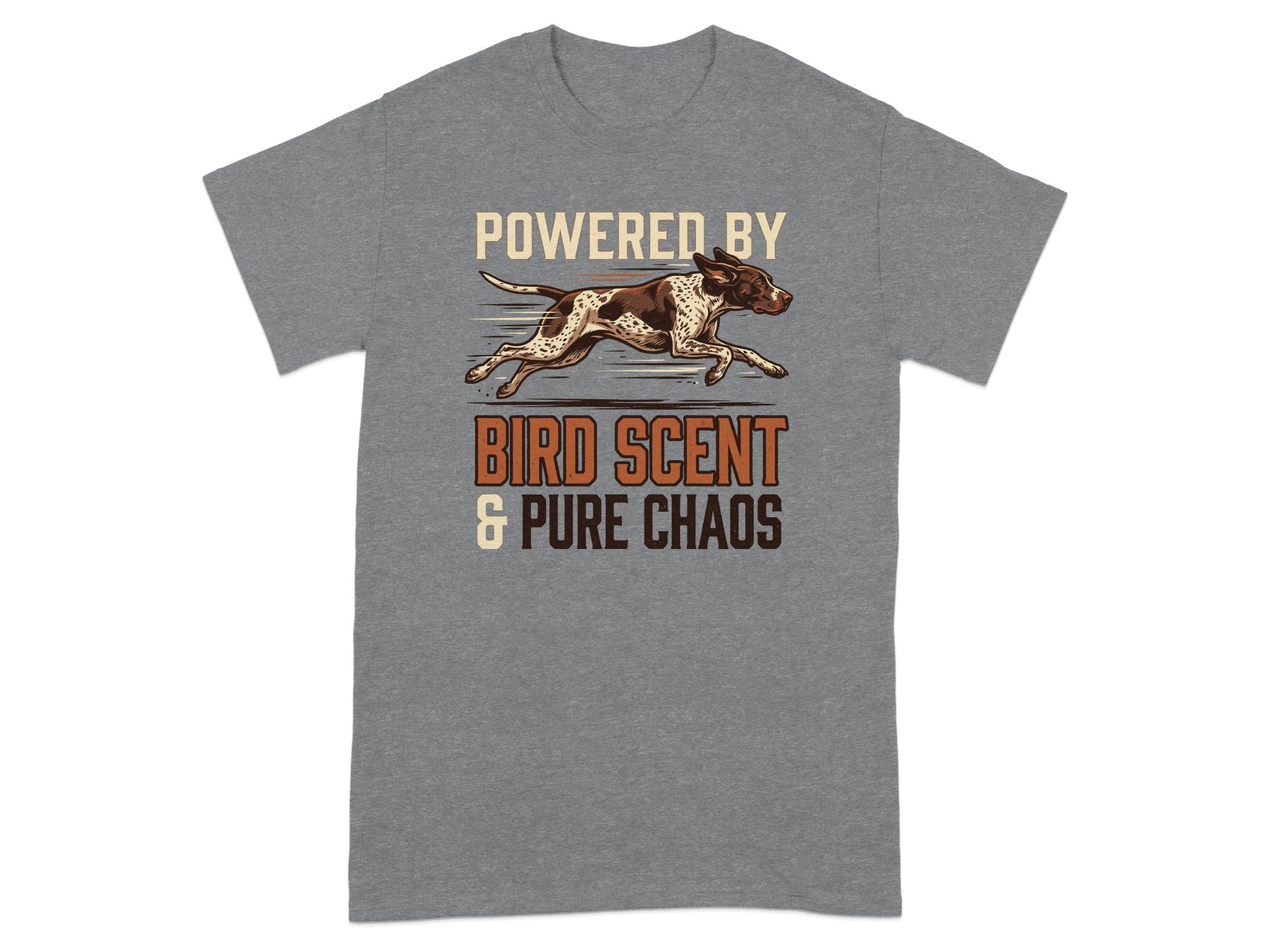 Gray t-shirt with a dog illustration and "Powered by Bird Scent & Pure Chaos" text.
