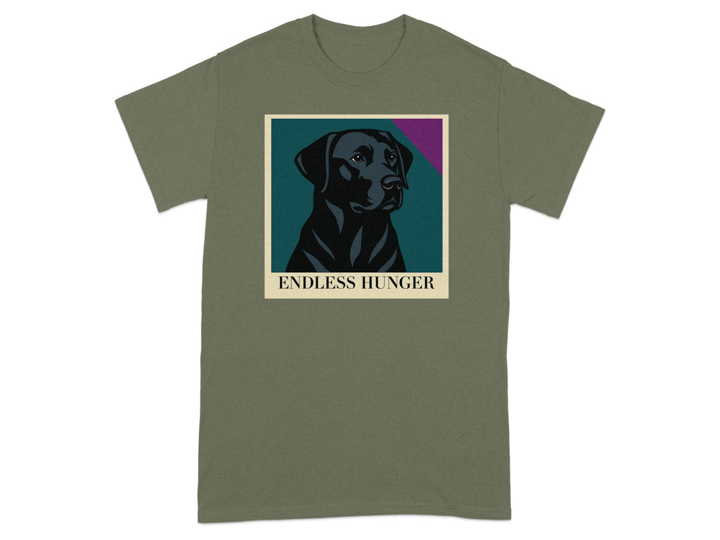 Green t-shirt featuring a stylized black labrador portrait with the text "ENDLESS HUNGER" below.