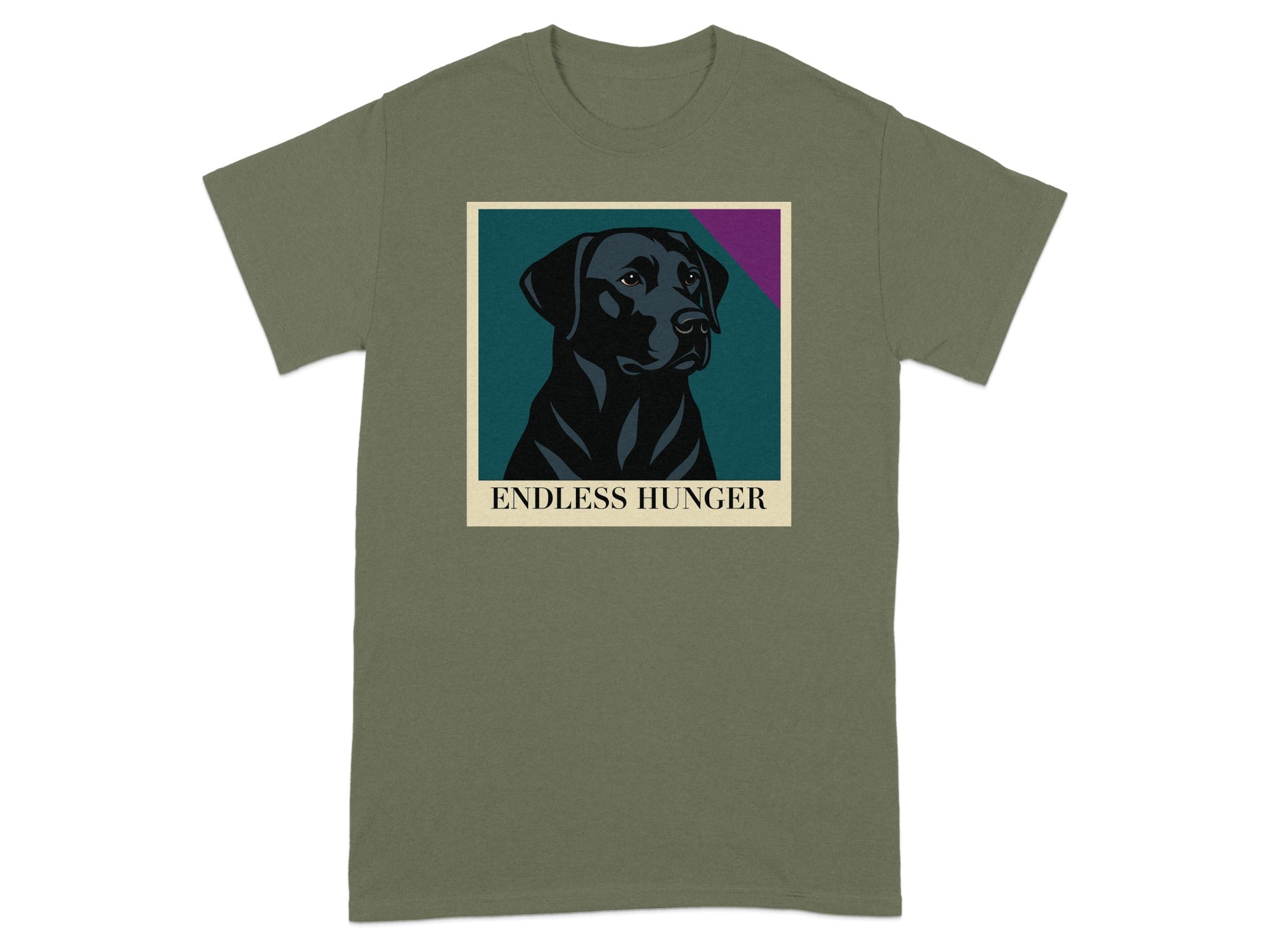 Green t-shirt featuring a stylized black labrador portrait with the text "ENDLESS HUNGER" below.