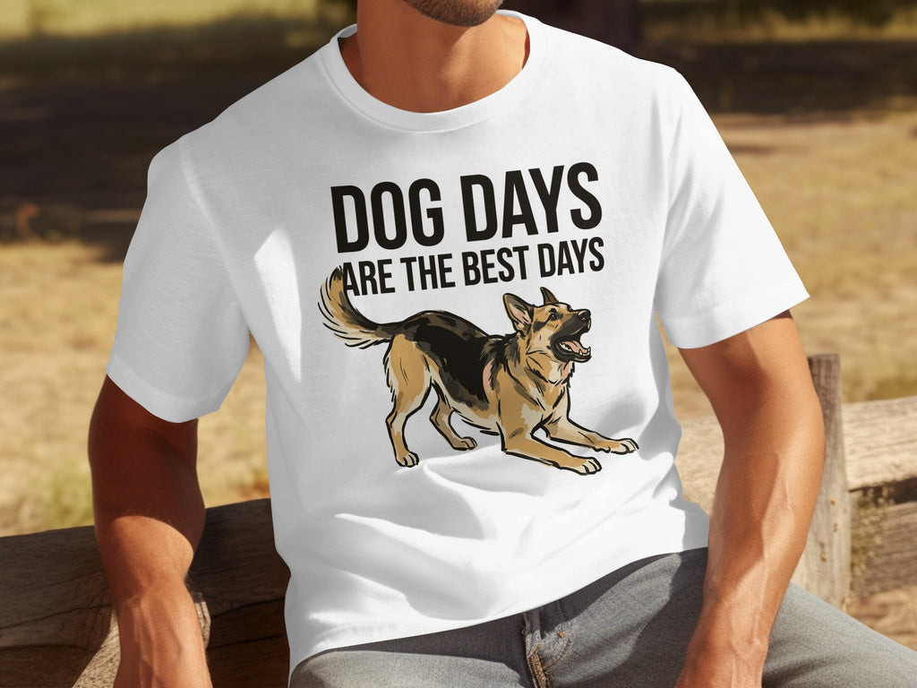 White t-shirt with "Dog Days Are The Best Days" text and German Shepherd illustration.