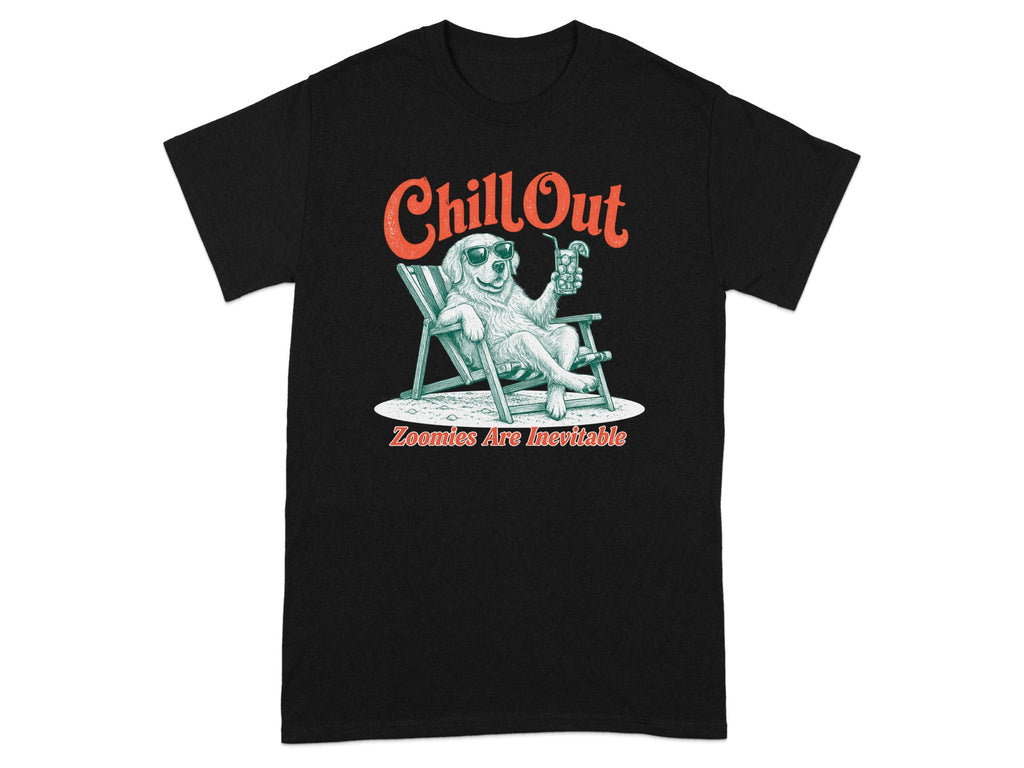 Black t-shirt with a golden retriever relaxing on a lounge chair, holding a drink.