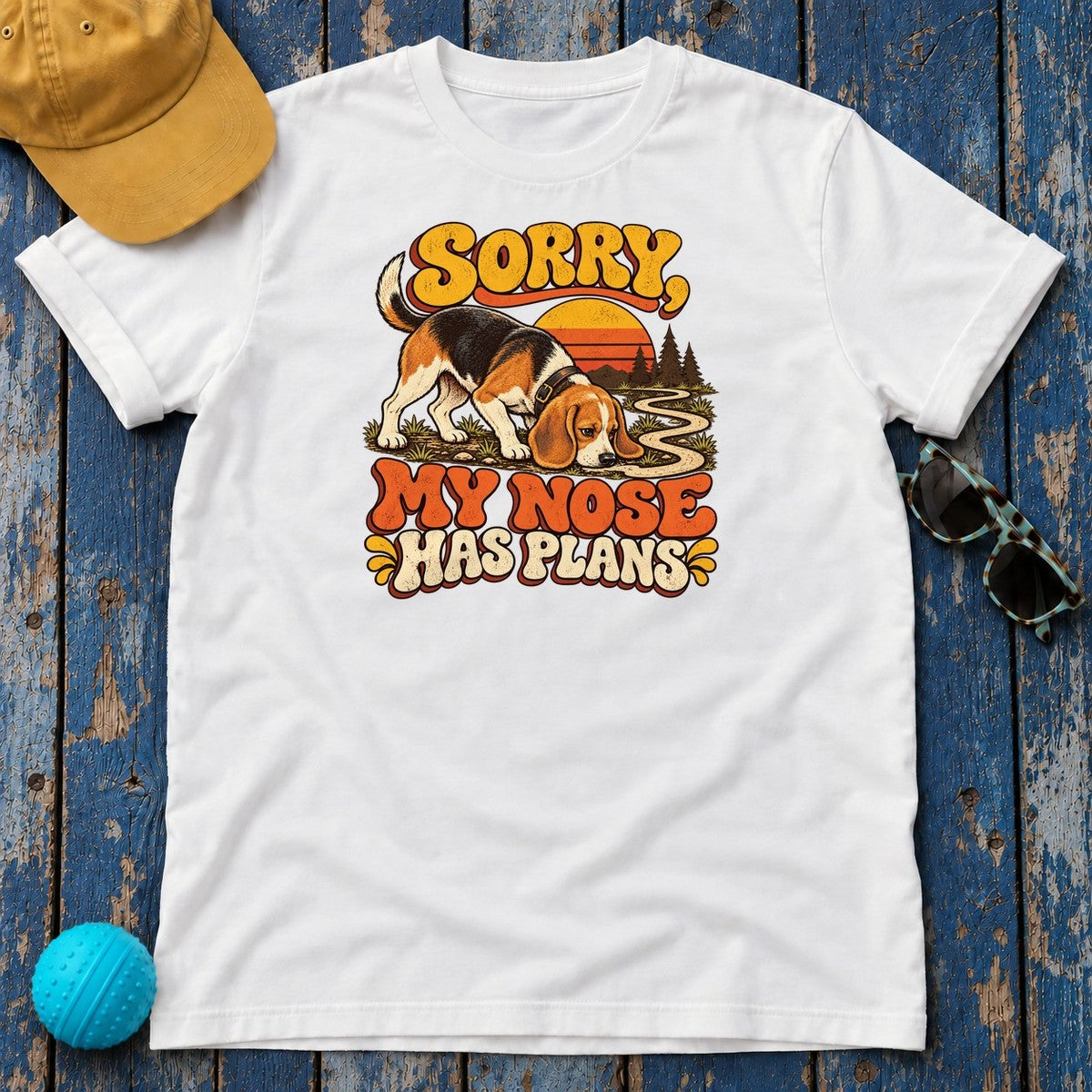 Sorry My Nose Has Plans Beagle T-Shirt in White - flat lay