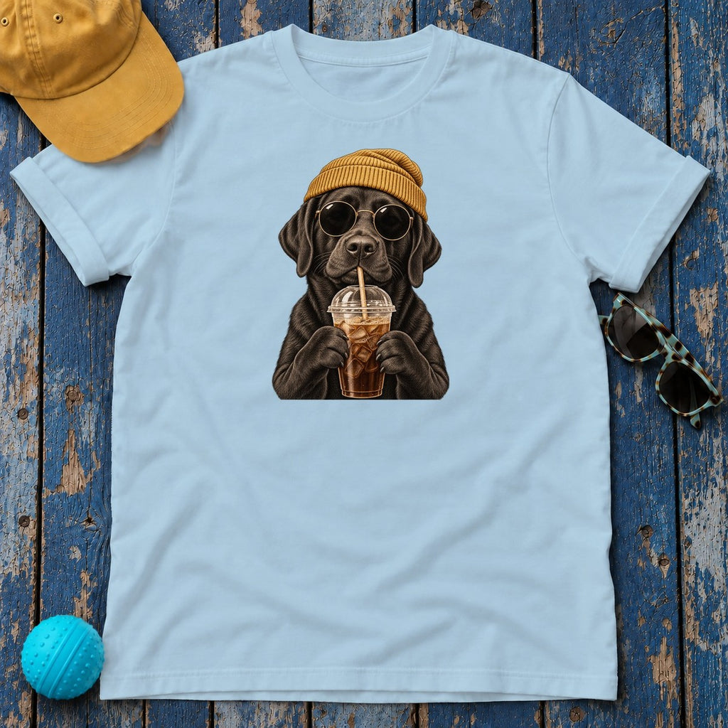 Engraved Labrador Iced Coffee T-Shirt — Light Blue