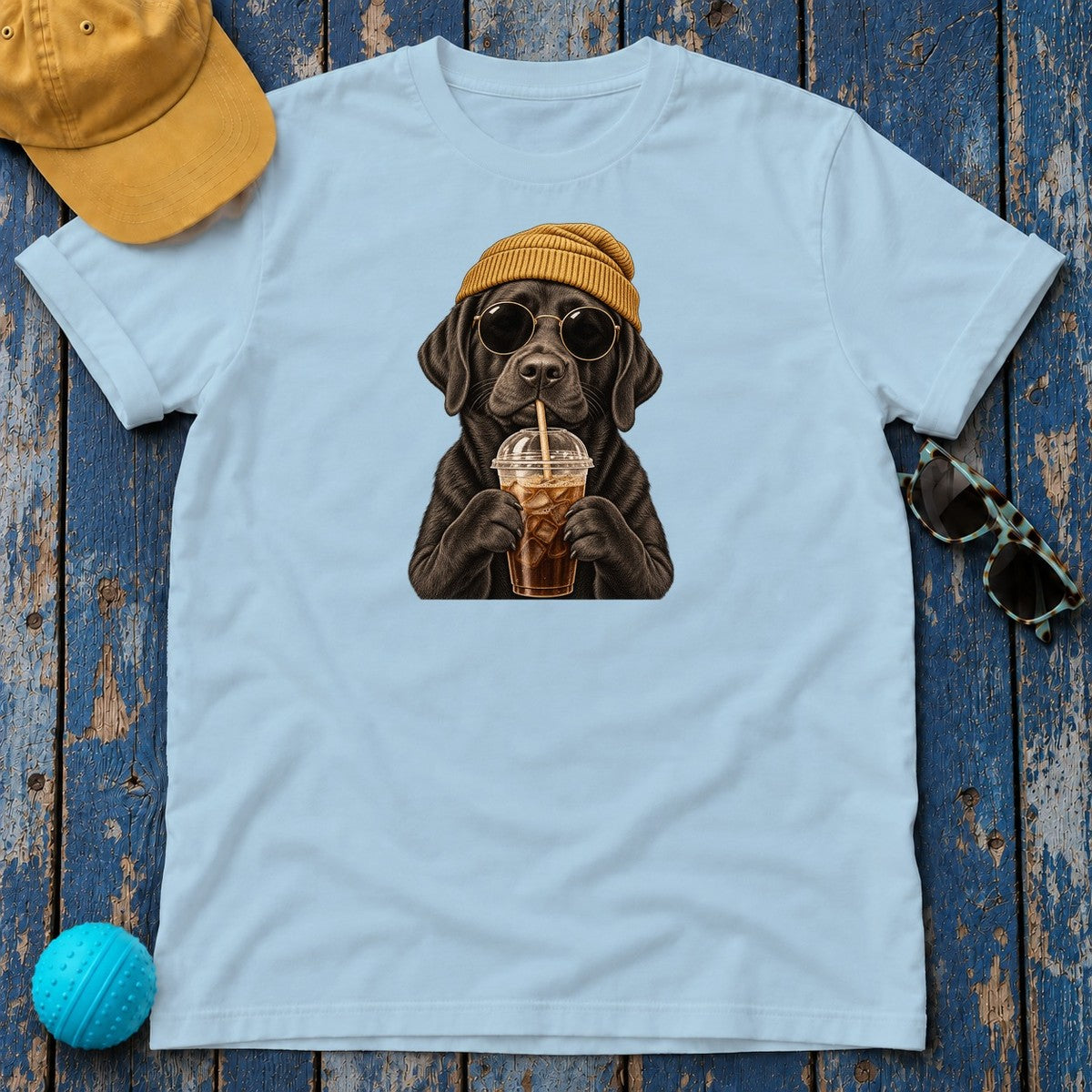Engraved Labrador Iced Coffee T-Shirt — Light Blue