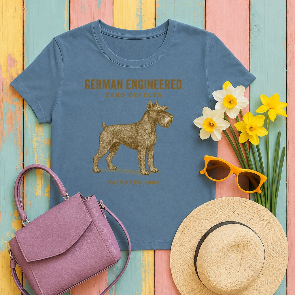 German Engineered Zero Defects Schnauzer T-Shirt in Steel Blue