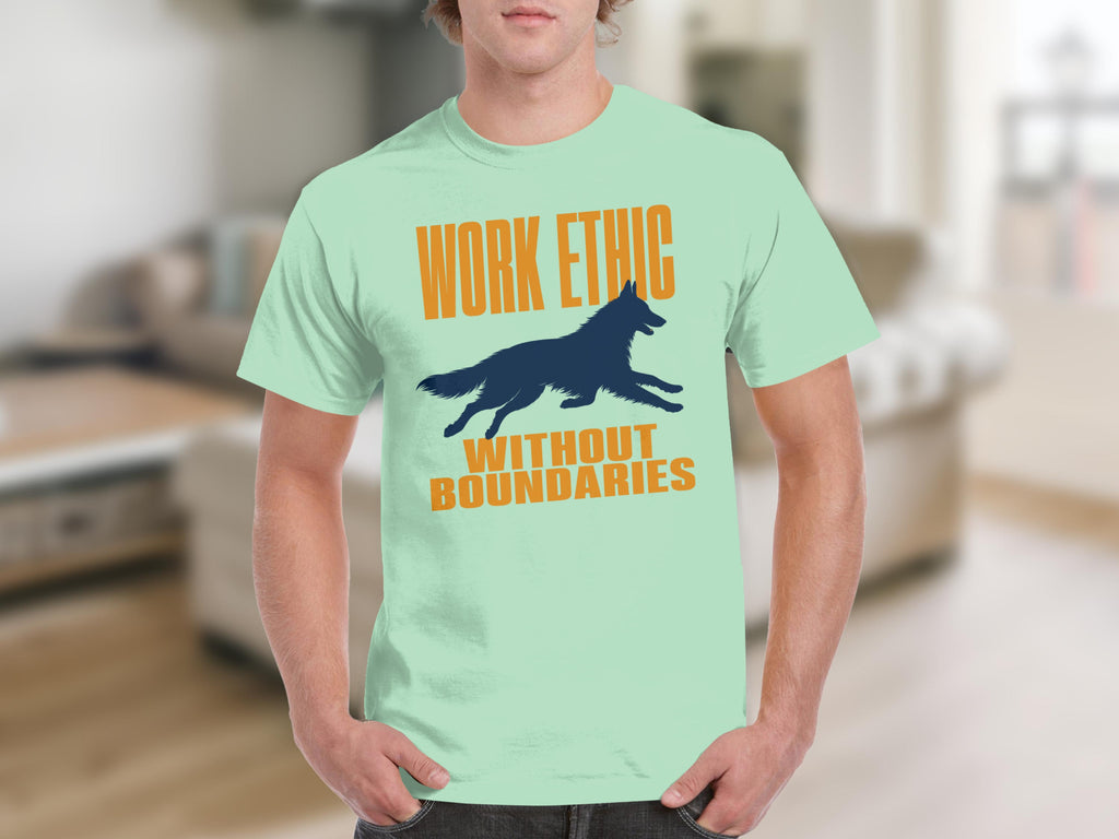 Mint t-shirt with a dark blue running dog and "WORK ETHIC WITHOUT BOUNDARIES" text.