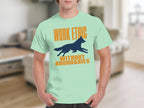 Mint t-shirt with a dark blue running dog and "WORK ETHIC WITHOUT BOUNDARIES" text.