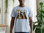 Light blue t-shirt with graphic of three dogs in abstract style.