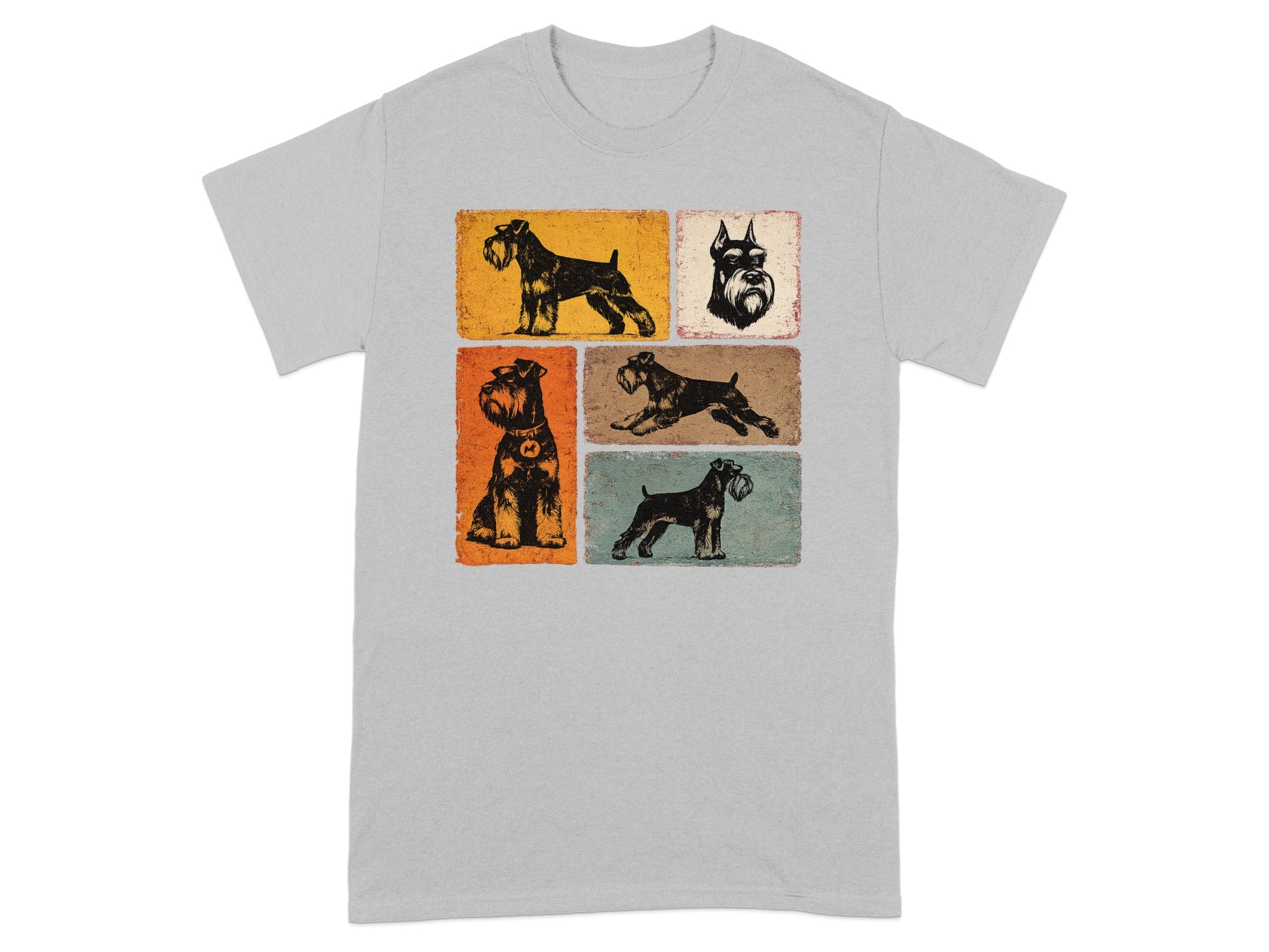 T-shirt with six vintage-style illustrations of schnauzers in various poses.