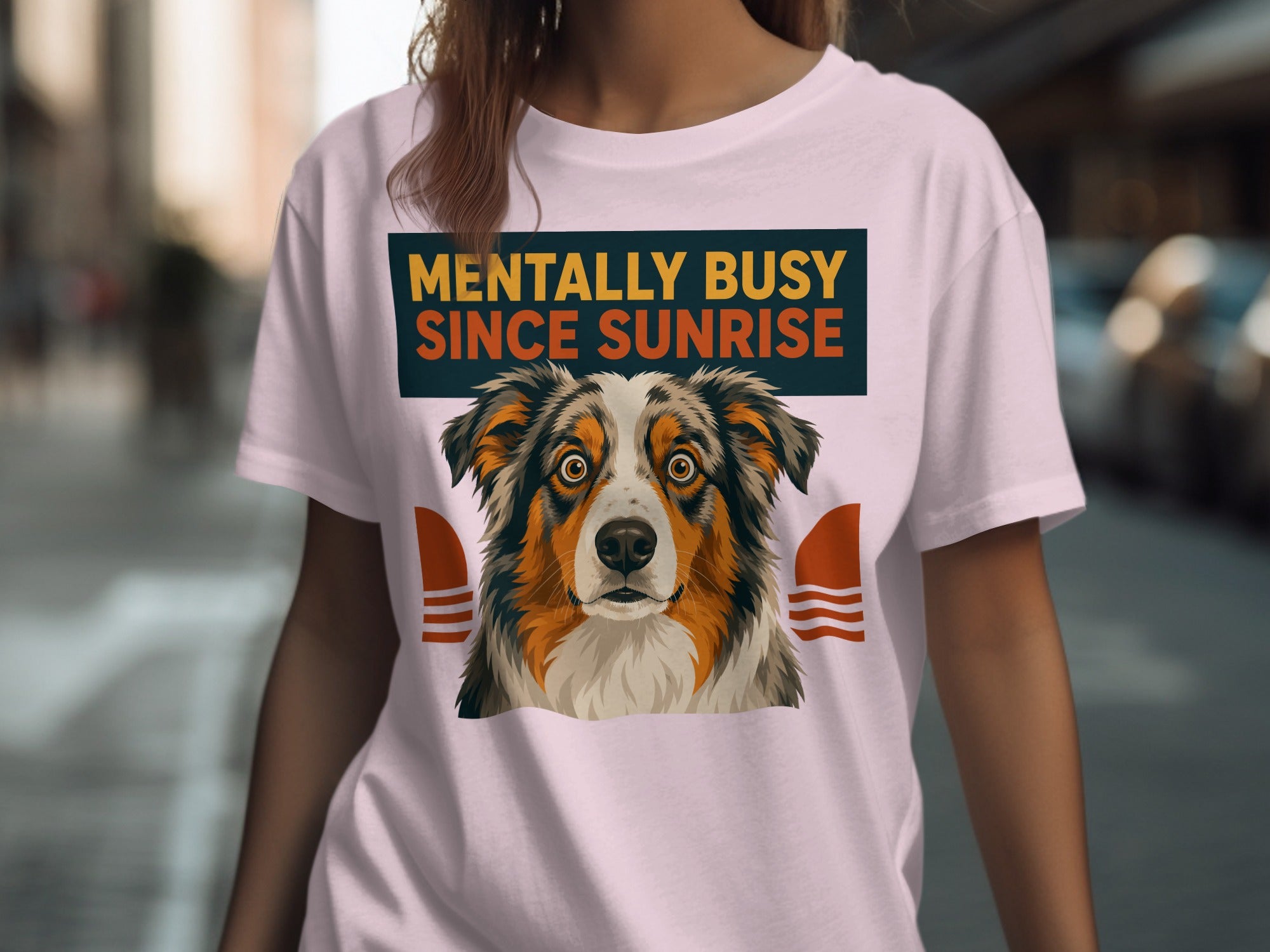 T-shirt with "Mentally Busy Since Sunrise" and a dog portrait.