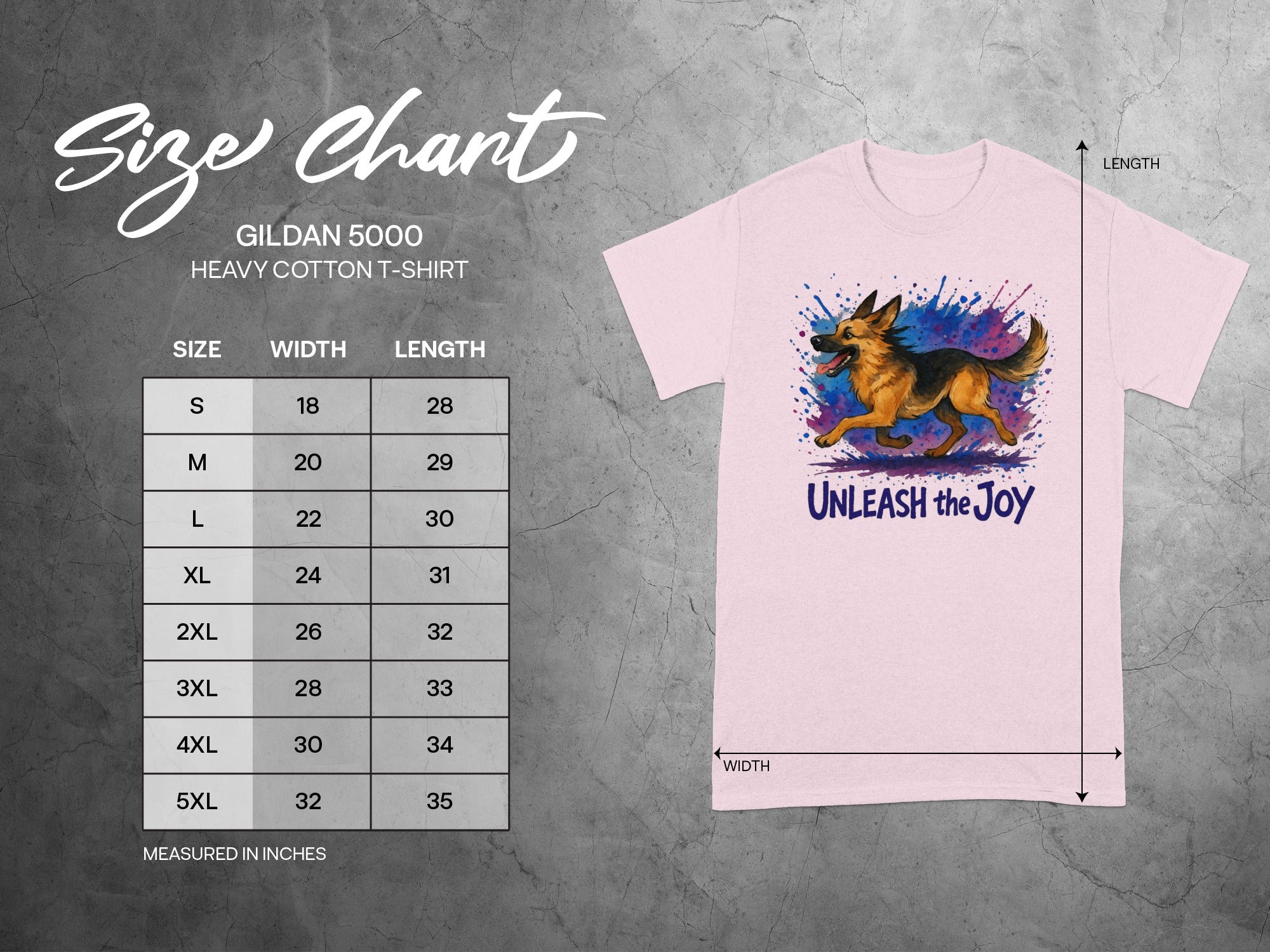 Gildan 5000 heavy cotton t-shirt size chart with width and length measurements in inches.