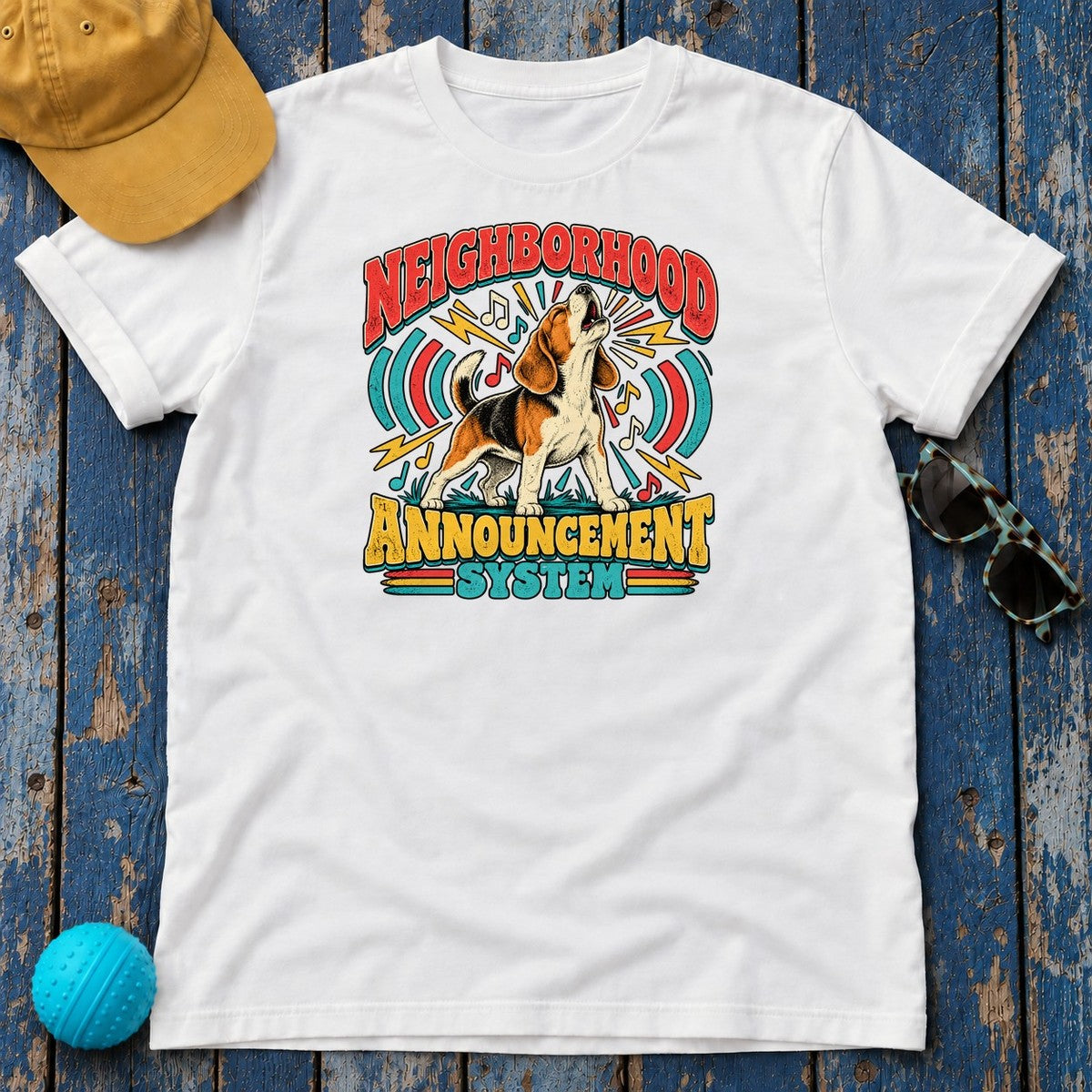 Neighborhood Announcement System Beagle T-Shirt in White - flat lay