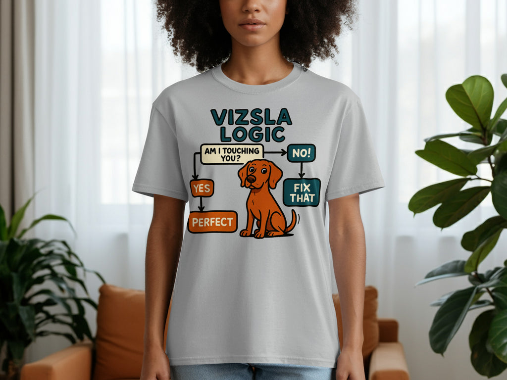 Grey t-shirt with "Vizsla Logic" flowchart featuring a Vizsla dog.