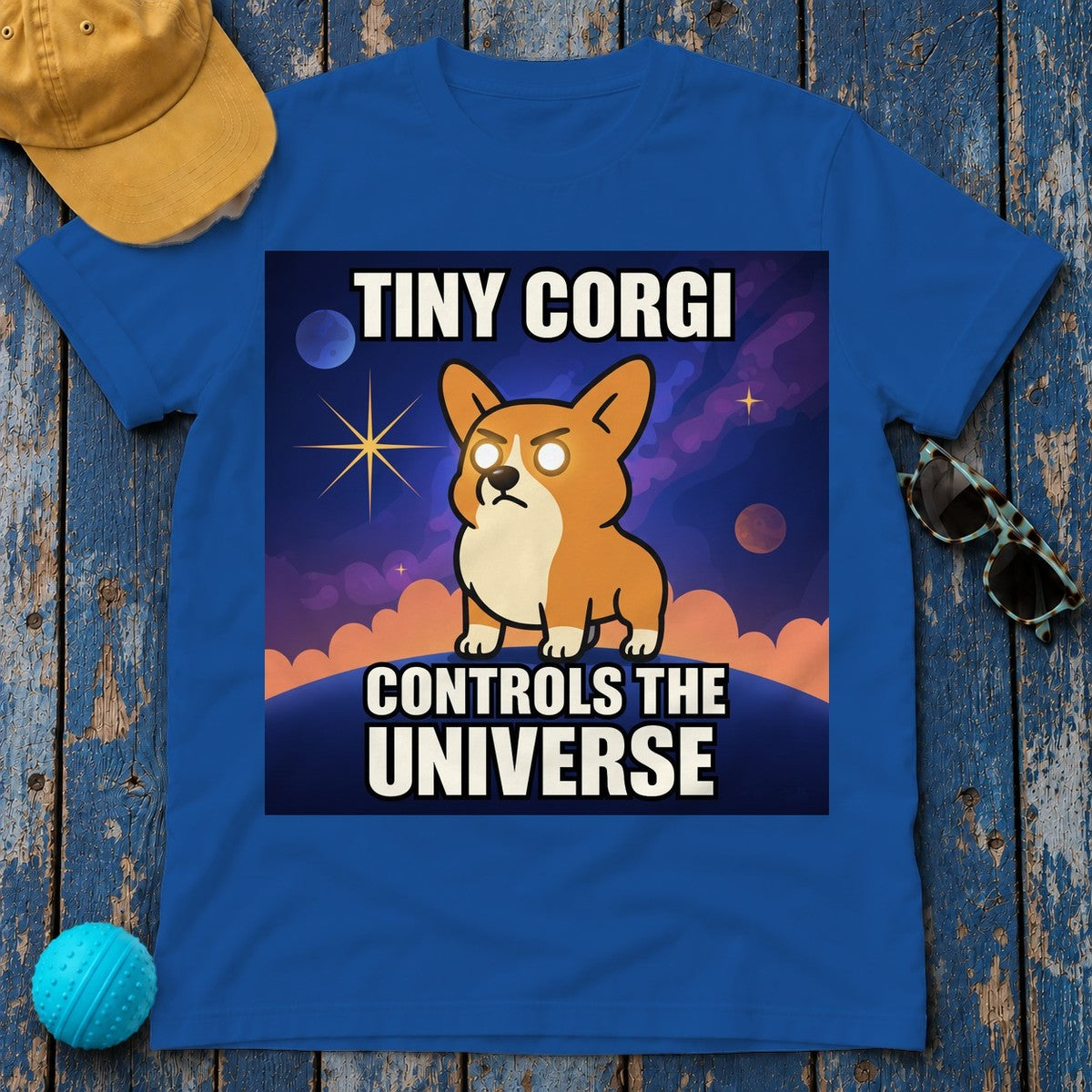 Tiny Corgi Controls the Universe Graphic Design T-Shirt in Royal