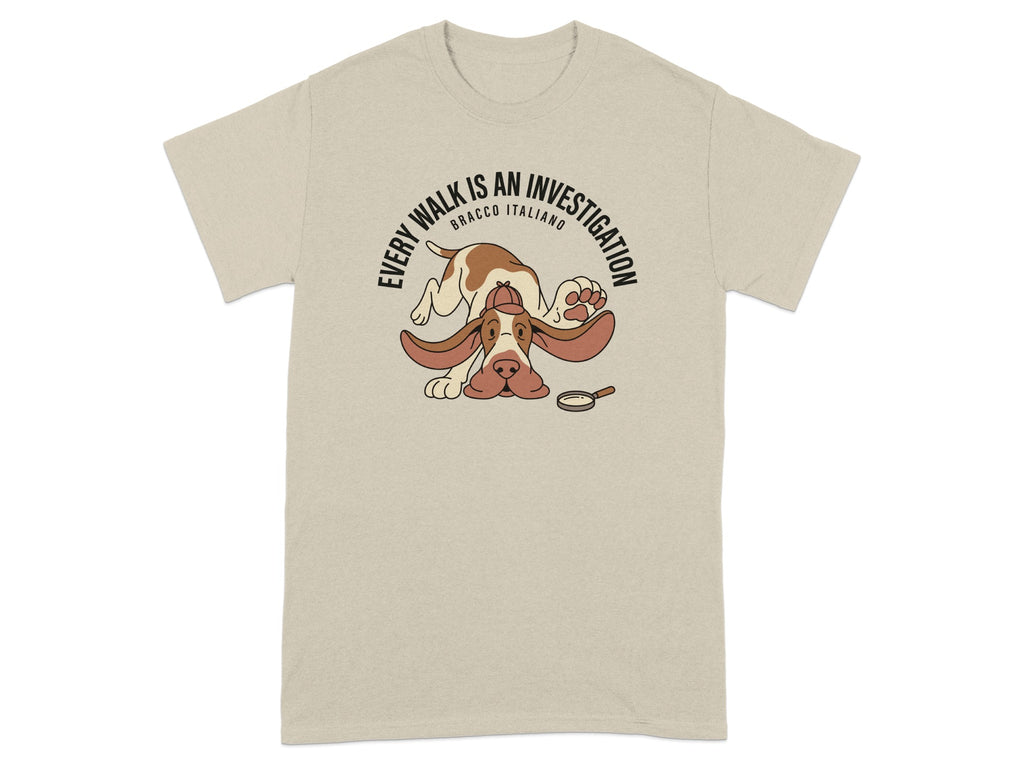 Beige t-shirt with Bracco Italiano dog detective illustration.