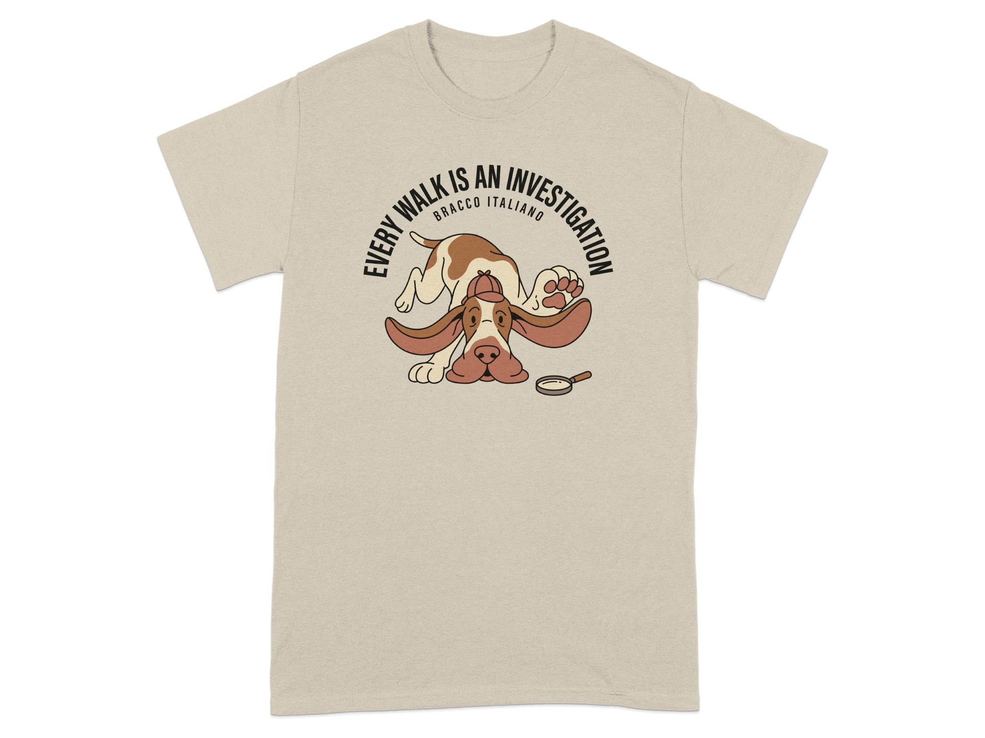 Beige t-shirt with Bracco Italiano dog detective illustration.