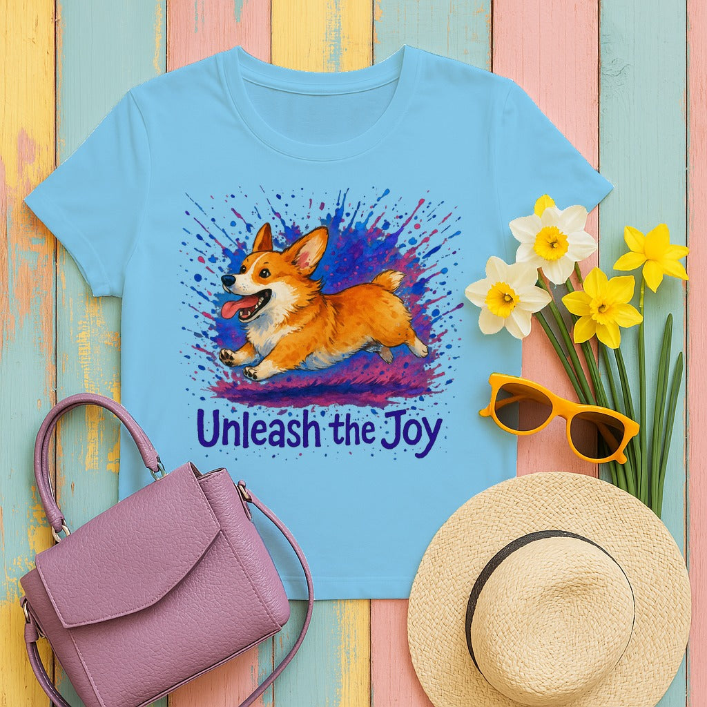 Unleash the Joy Playful Corgi Illustration T-Shirts in Sky