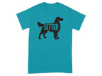 Teal t-shirt with black setter dog silhouette and "SETTER" text.