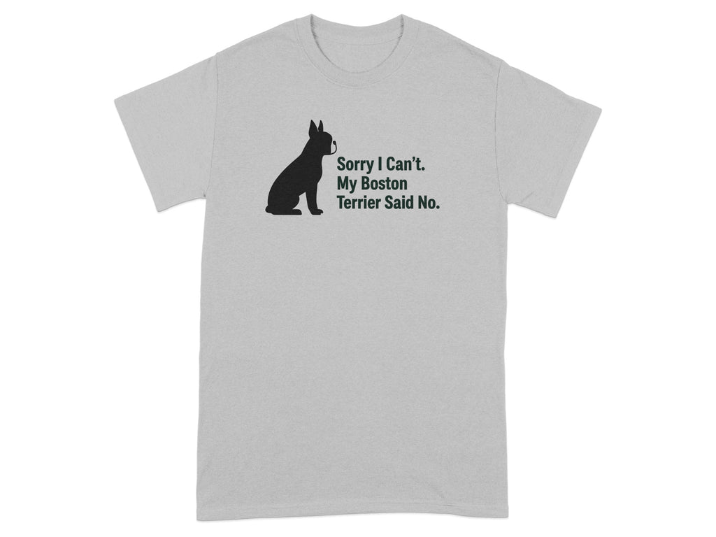 Light gray t-shirt with black Boston Terrier silhouette and text.