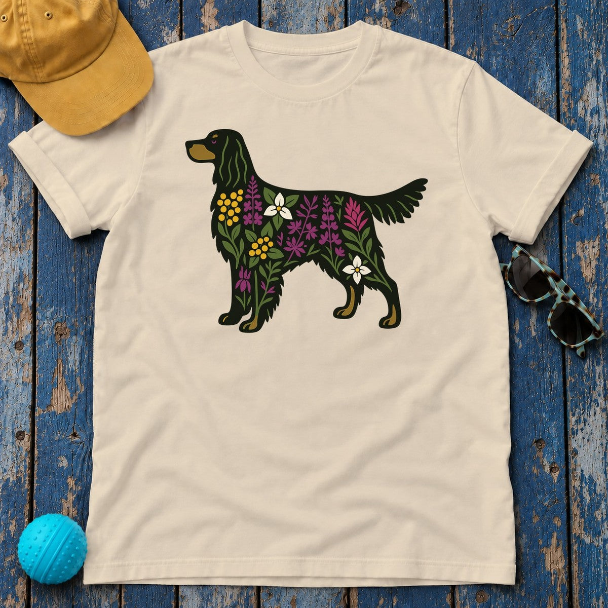 Floral Silhouette of a Black Gordon Setter Elegant Design T-Shirt in Sand