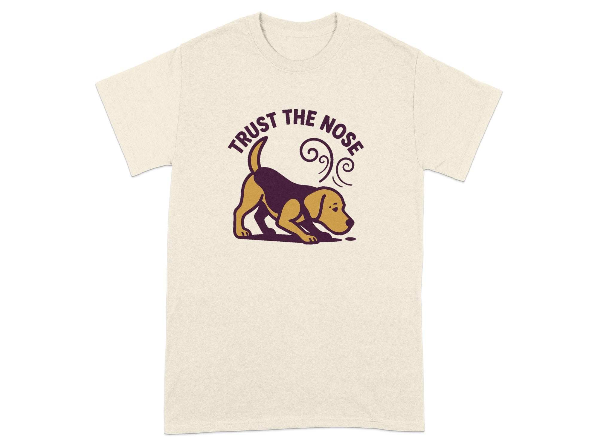 Cream t-shirt with a beagle sniffing and text "TRUST THE NOSE".